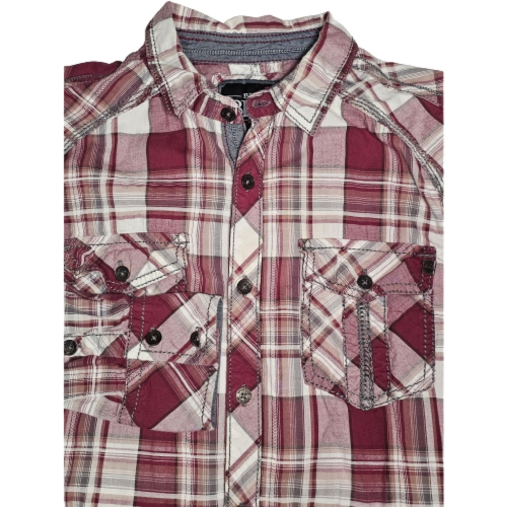 Buckle Black Medium Tailored Fit Button Down Shirt Burgundy Cream Plaid Western